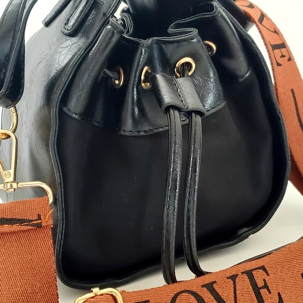 Women's Love Handle Leather and Suede Black Bucket Drawstring Bag - Picture 2 of 6